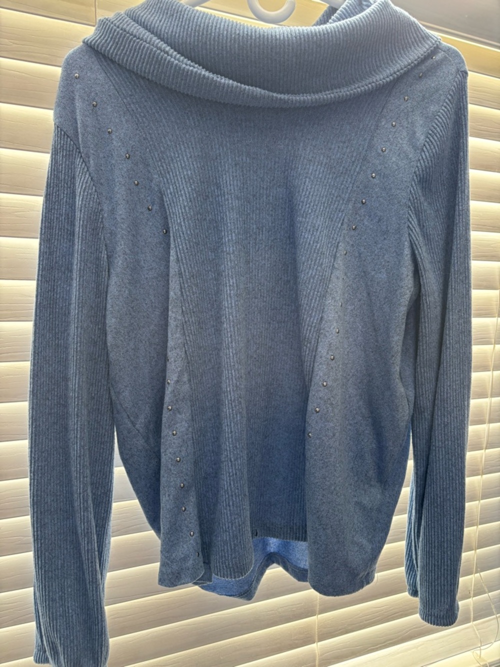 Women’s Light Blue Ribbed Cowl Neck Sweater with Stud Details